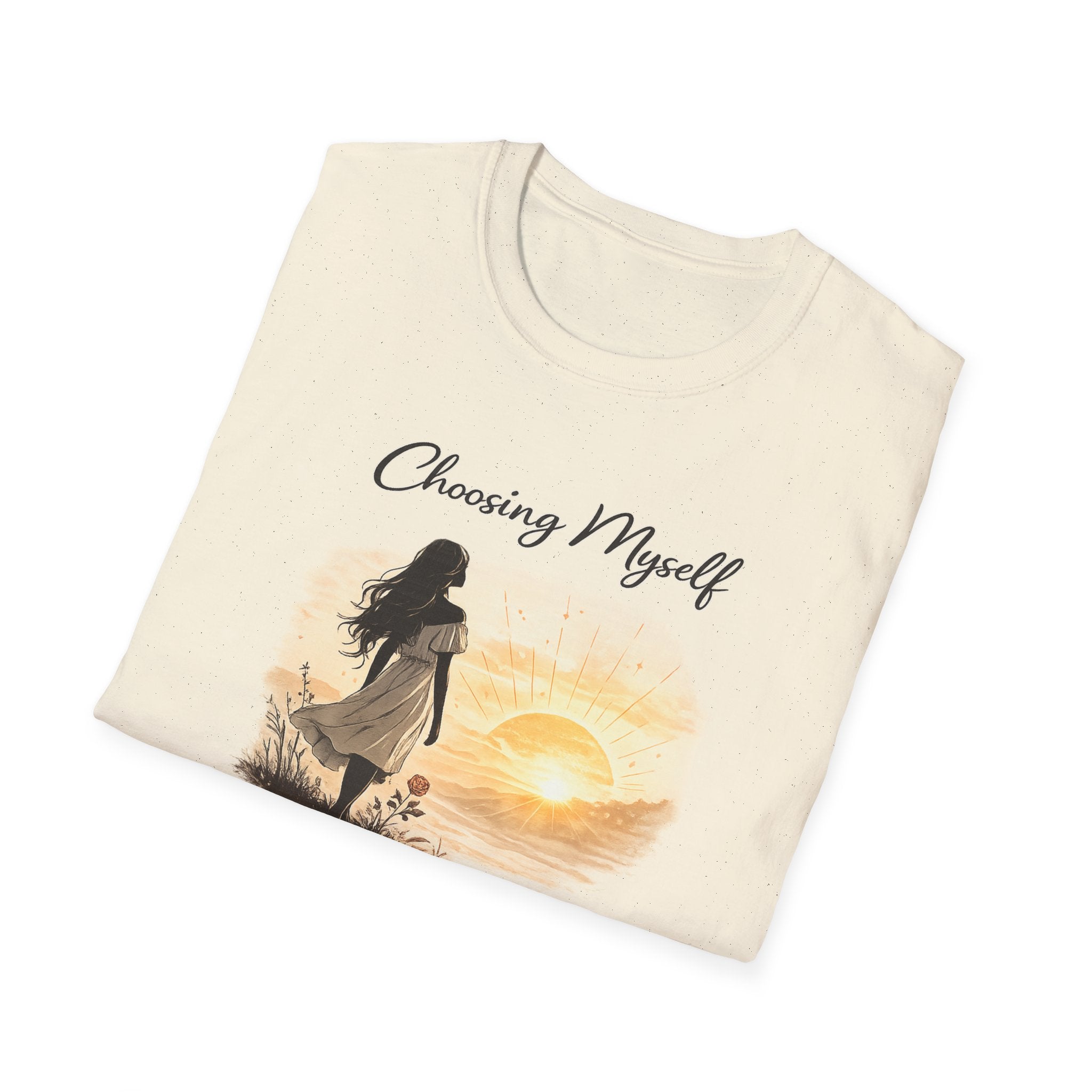 Choosing Myself Sunset T-Shirt — Empowering Woman & Dog Silhouette Tee