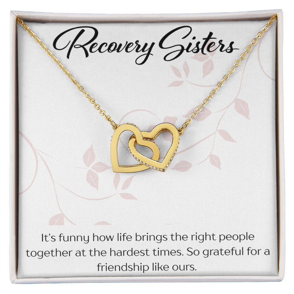 Recovery Sister Interlocking Hearts Necklace – Yellow & White Gold Friendship Gift for Sobriety & Healing