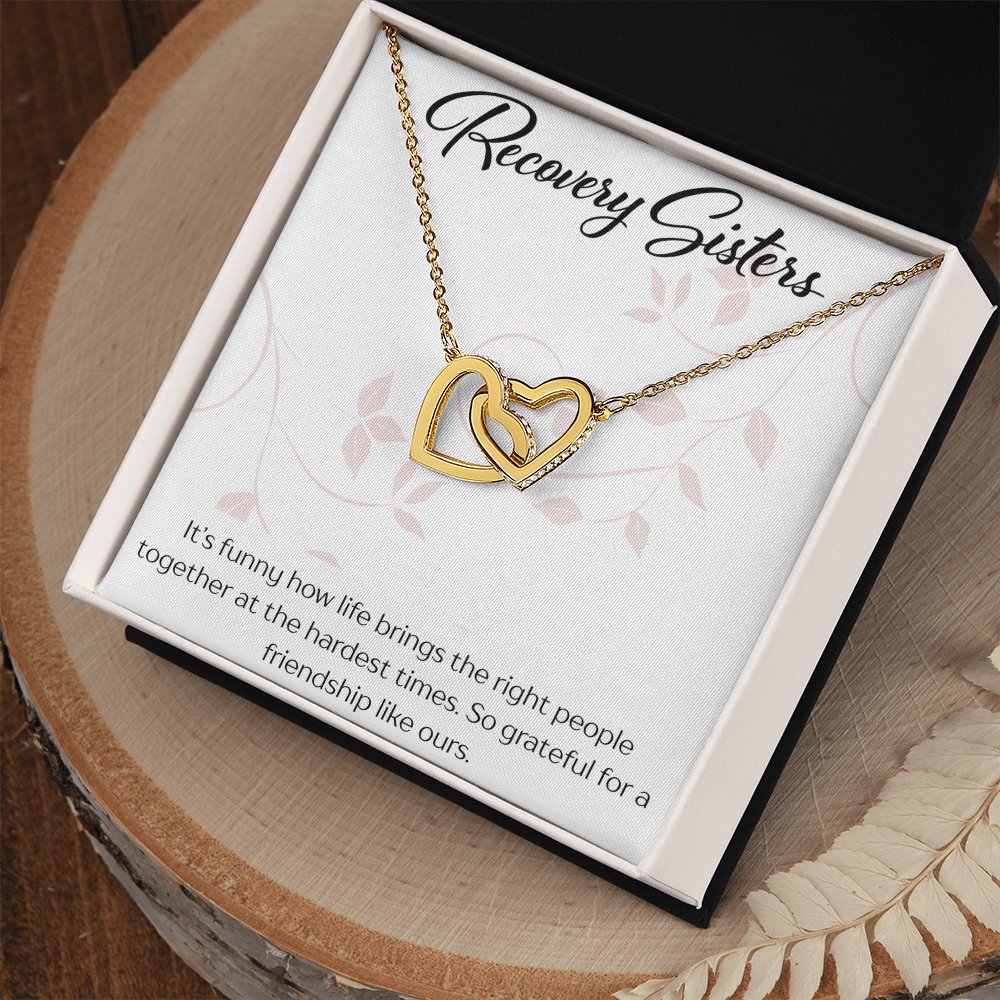 Recovery Sister Interlocking Hearts Necklace – Yellow & White Gold Friendship Gift for Sobriety & Healing