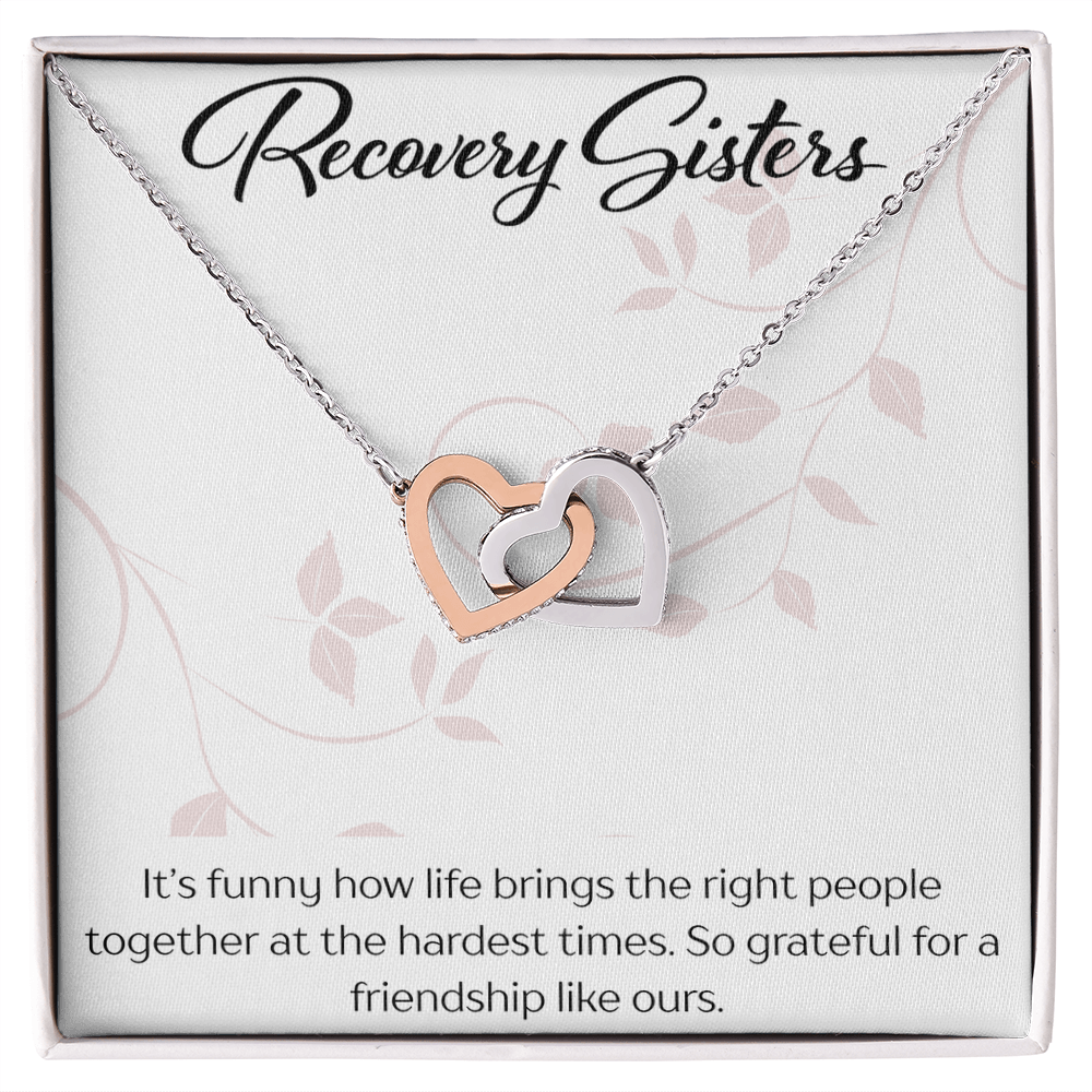 Recovery Sister Interlocking Hearts Necklace – Yellow & White Gold Friendship Gift for Sobriety & Healing