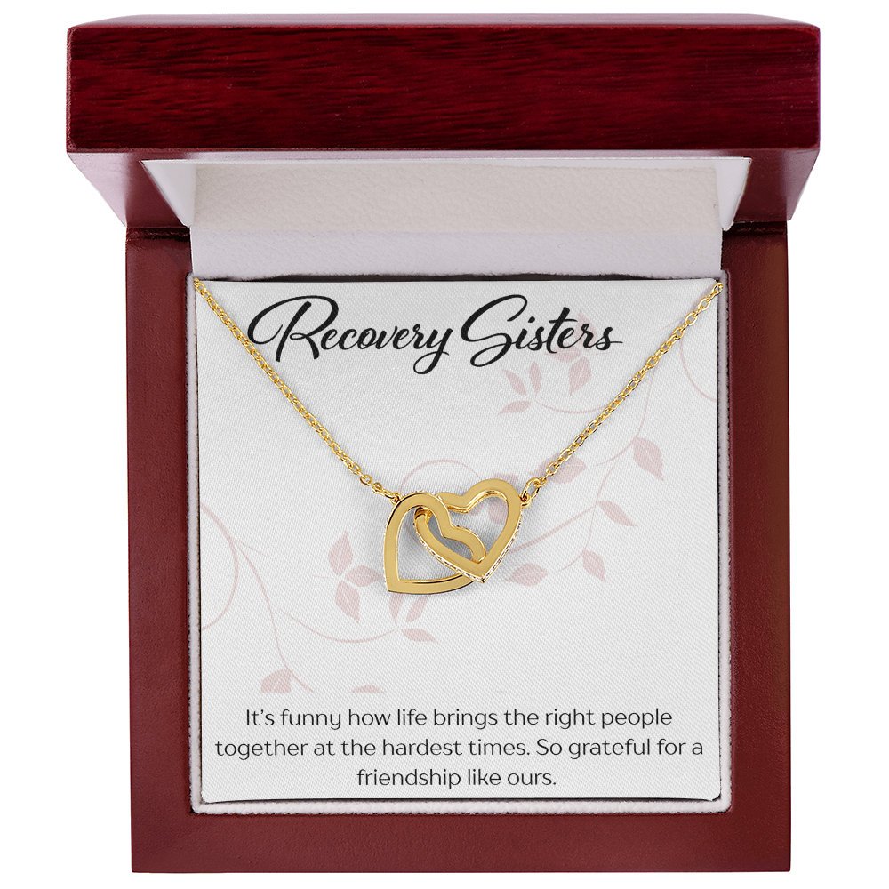 Recovery Sister Interlocking Hearts Necklace – Yellow & White Gold Friendship Gift for Sobriety & Healing
