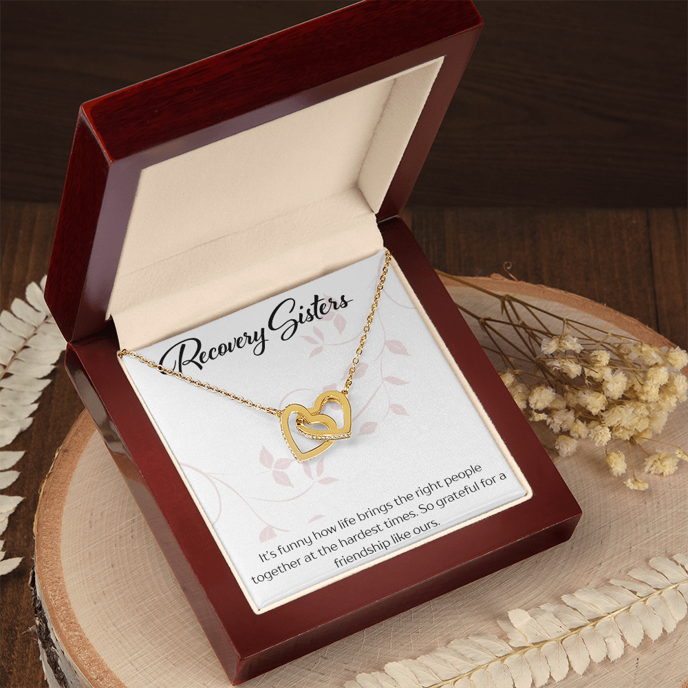 Recovery Sister Interlocking Hearts Necklace – Yellow & White Gold Friendship Gift for Sobriety & Healing