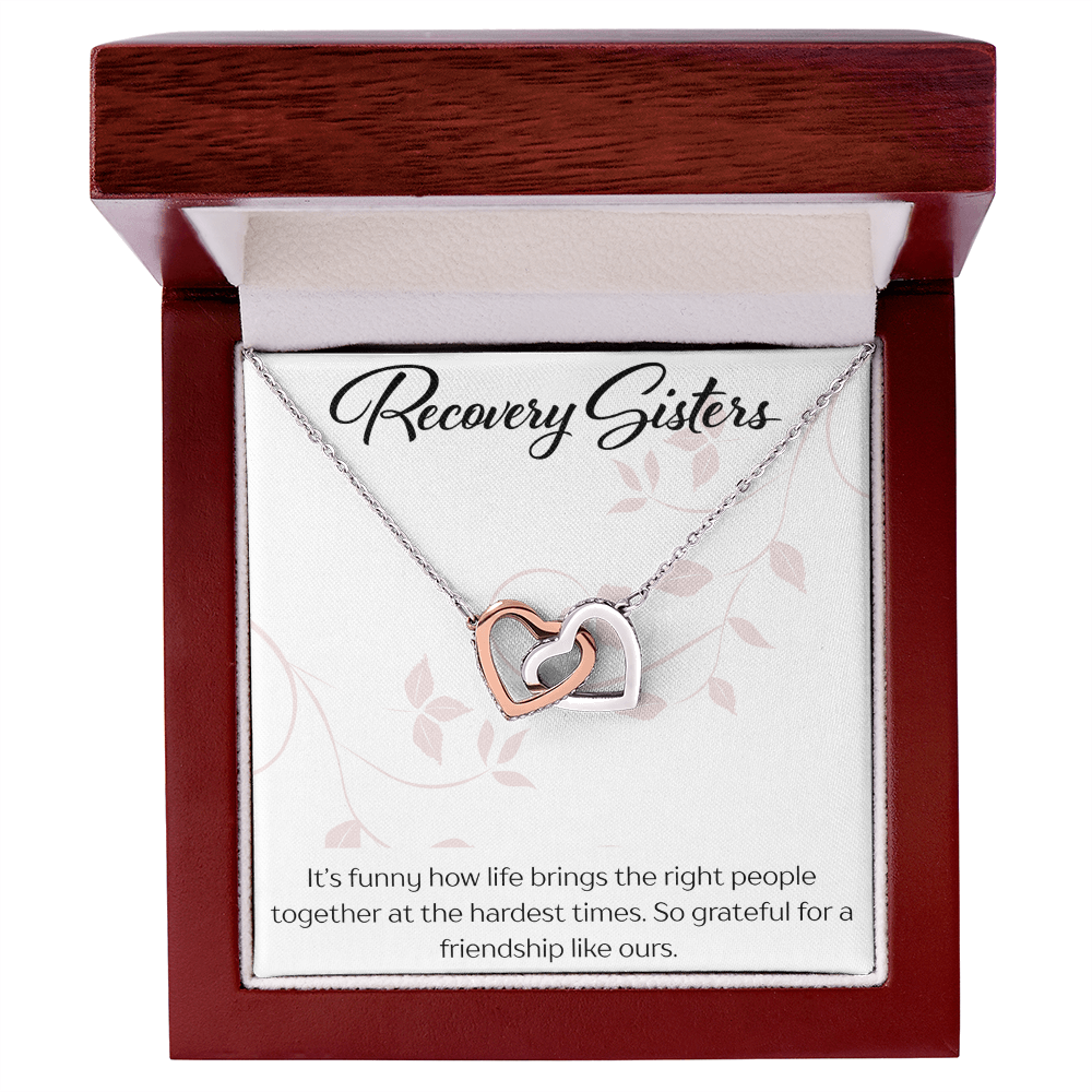 Recovery Sister Interlocking Hearts Necklace – Yellow & White Gold Friendship Gift for Sobriety & Healing