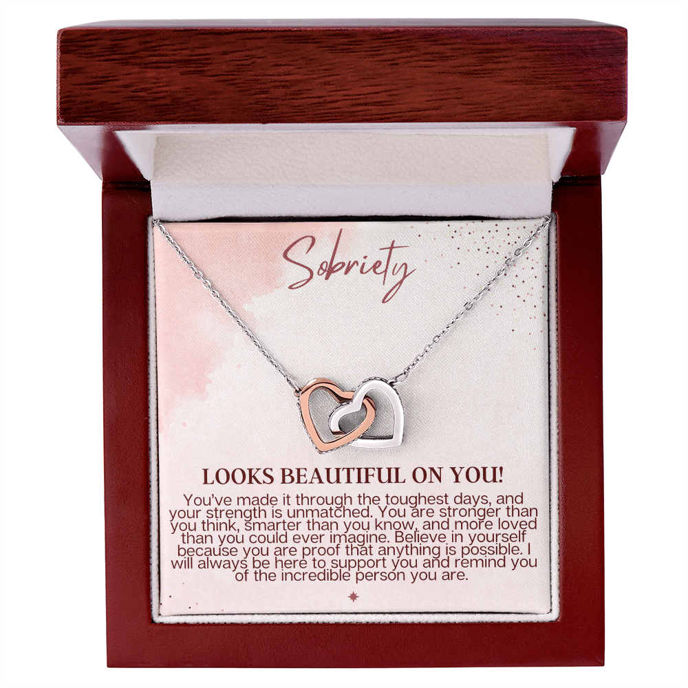 Sobriety Looks Beautiful on You – Interlocking Hearts Necklace Gift for Strength & Recovery