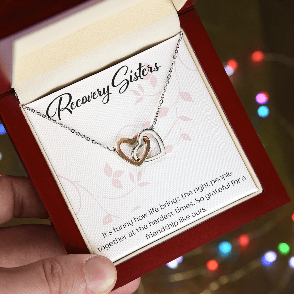 Recovery Sister Interlocking Hearts Necklace – Yellow & White Gold Friendship Gift for Sobriety & Healing
