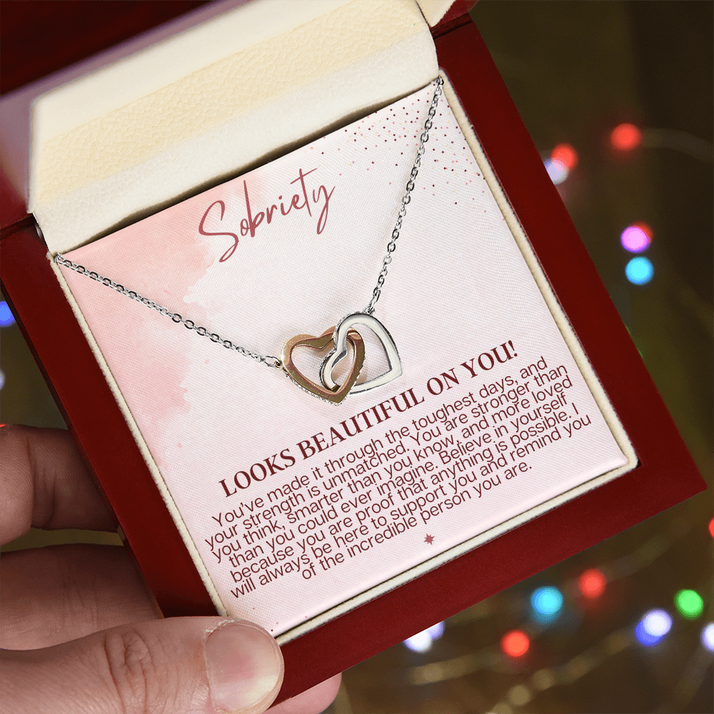 Sobriety Looks Beautiful on You – Interlocking Hearts Necklace Gift for Strength & Recovery